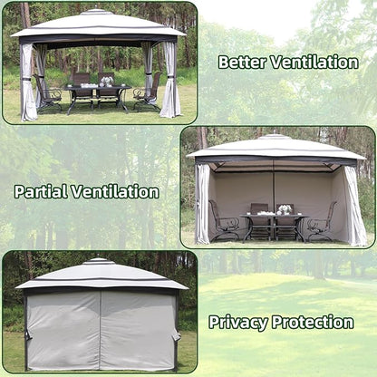 11x13 Gazebo for Patio, Gazebo with Curtains& Sandbags, Double Tier Roof Marquee Canopy for Garden, Deck, Backyard, Lawn (Grey)-Netting not Included