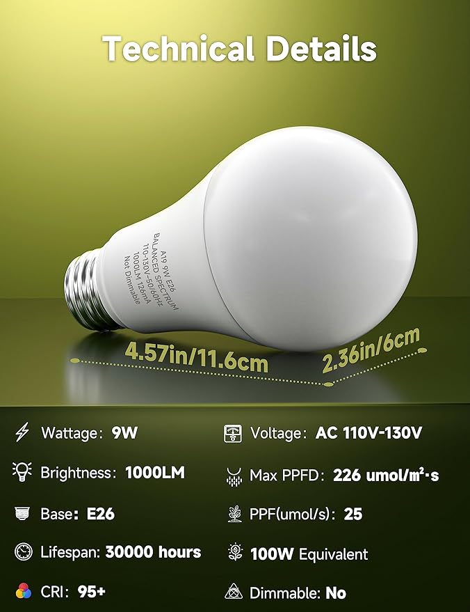 Grow Light Bulbs, Full Spectrum Light Bulb, A19 Grow Light Bulb, Plant Grow Light Bulbs E26 Base, 9W Plant Light Bulbs 100W Equivalent, Grow Bulb for Indoor Plants, Greenhouse, 3 Pack