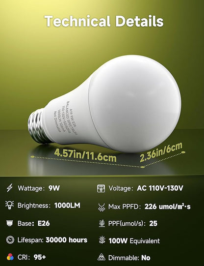 Grow Light Bulbs, Full Spectrum Light Bulb, A19 Grow Light Bulb, Plant Light Bulbs E26 Base, 9W Plant Grow Light Bulbs 100W Equivalent, Grow Light for Indoor Plants, Seeds, Flowers, 6 Pack