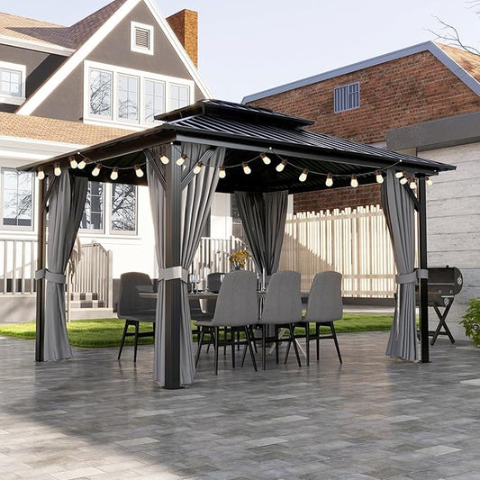 Aoxun 10'x12' Hardtop Gazebo Featuring Aluminum Frame & Double Galvanized Steel Roof, Outdoor Metal Shelter with Netting, Plus LED Waterproof Hanging Lights