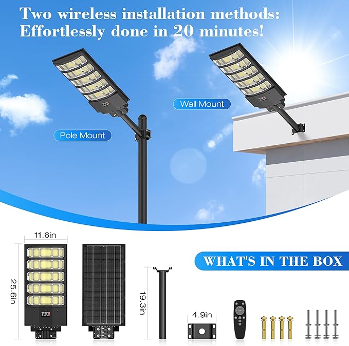 10000W Solar Street Light - 8000K Solar Lights Outdoor IP66 Waterproof,350° Wide Angle Dusk to Dawn,Commercial Solar Parking Lot Lights with Motion Sensor & Remote,LED Flood Light for Yard,Pathway