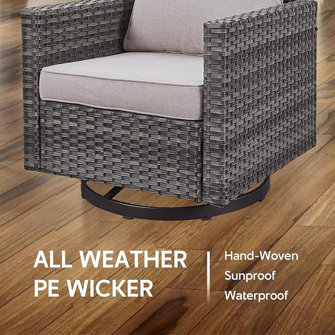 7 Piece Wicker Patio Furniture with Fire Pit Table - Outdoor Conversation Set with 50,000 BTU Fire Pit, All Weather Rattan Patio Set for Deck Backyard Garden - Grey Wicker Beige Cushion