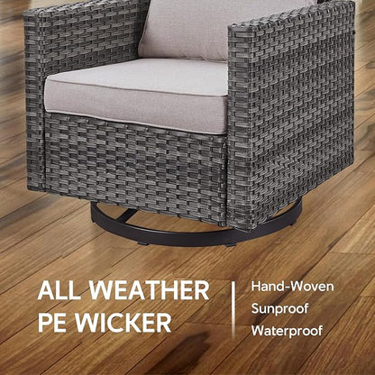6 Piece Wicker Patio Furniture Set - Outdoor Swivel Rocker Chairs Set with Coffee Table, 3 Seat Sofa & Ottomans, Small Patio Conversation Sets Proch Furniture for Balcony Deck - Grey/Beige