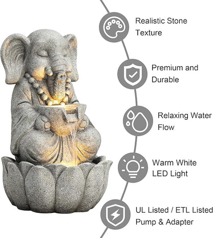 Glitzhome Outdoor Fountains and Waterfalls Zen-Style Concrete Resin Elephant Water Fountains with LED & Pump, Garden Patio Water Fountain Yard Fountain 2 Tier Floor Waterfall for Backyard Lawn 22" H