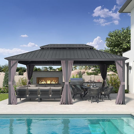 PURPLE LEAF 12' X 18' Patio Hardtop Gazebo Outdoor Pavilion Gazebo with Galvanized Steel Double Roof for Patio Lawn Garden Aluminum with Curtains Grey