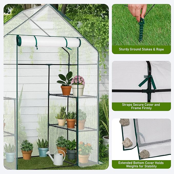 Outvita Walk-in Greenhouse, Outdoor Durable PE Plant Green House for Frost Protection with 3 Tiers 4 Shelves, Shelf Clips, Roll-up Zipper Door, 56"x29"x77" White