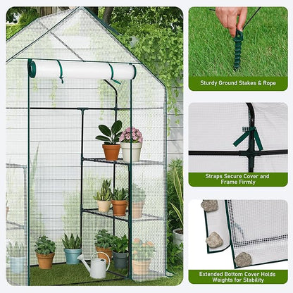 Outvita Walk-in Greenhouse, Outdoor Durable PE Plant Green House for Frost Protection with 3 Tiers 4 Shelves, Shelf Clips, Roll-up Zipper Door, 56"x29"x77" White