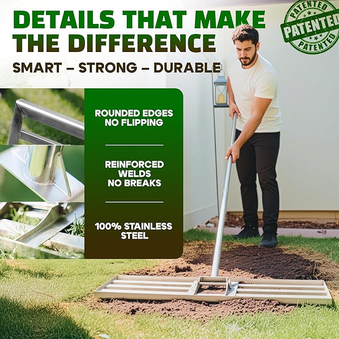 Oris Garden® Lawn Leveling Rake 30 inch - Ground Leveler for yard, sand, soil, grass - Dirt leveling tool, heavy duty stainless steel rakes for golf, grading, gravel, pool seeding, levelling (30 inch)
