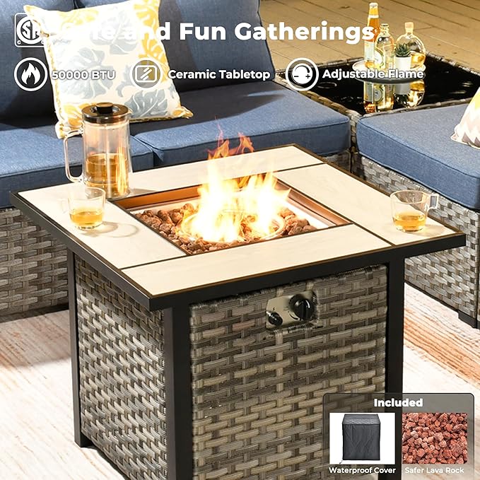 ovios 10 Pieces Patio Furniture Set, Outdoor Wicker Sectional Sofa with 30" Fire Pit Table Swivel Chairs, Modern Modular Deep Seat Rattan Couch Conversation Sets, Denim Blue