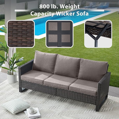 5 Piece Wicker Patio Furniture Set - Outdoor Swivel Rocker Chairs Set with 3 Seat Sofa and Ottomans, Small Patio Conversation Sets Proch Furniture for Balcony Deck - Brown/Grey