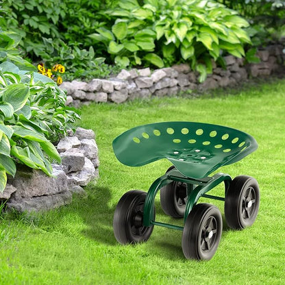 LDAILY Garden Seat with Wheels, Heavy-Duty Utility Stool Cart with Adjustable 11"-16" Height & 360° Rotatable, Rolling Garden Cart with Seat for Lawn Planting, Yard Work, Patio Gardening (Green)