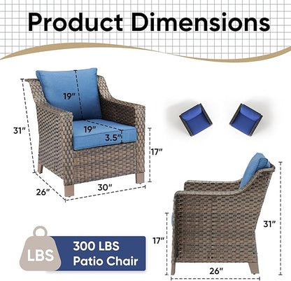 Outdoor Wicker Chair Set of 2-Outdoor Patio Chairs with Deep Seating Patio Dining Chairs for Deck Balcony Poolside Backyard-Brown/Blue