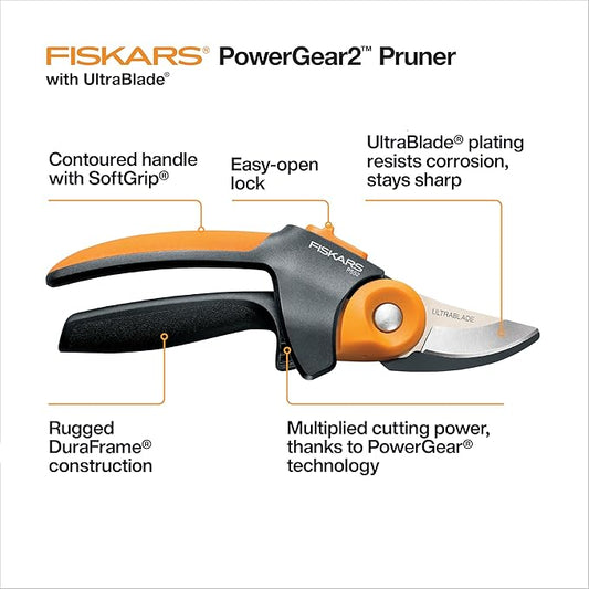 Fiskars Pruning Shears, PowerGear2 Technology Multiplies Power, Rolling Handle for Ease of Use, 3/4-Inch Cut Capacity Bypass Pruner, UltraBlade Coating and SoftGrip, Garden and Yard Tools
