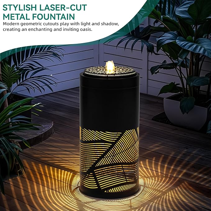 24" Outdoor Fountain, Metal Cutout Lantern Water Fountain, Charming Outdoor Lights for Garden, Patio, Yard