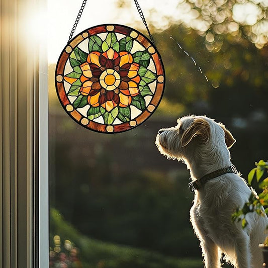 Stained Glass Window Hanging - Yellow Green Boho Style Flowers Sun Catcher for Door Garden Home Decor Suncatcher Christmas Mother's Day Birthday Gifts for Women Mom Girl Nana Friend 9.8 in