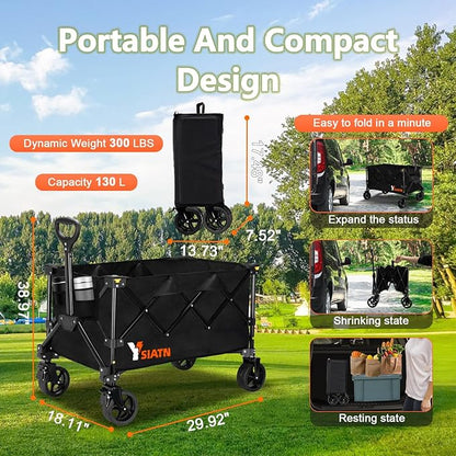 Collapsible Wagon Cart with Wheels Foldable, Folding Wagons Carts with All Terrain Wheels, Large Grocery Cart On Wheels, Heavy Duty Utility Wagon for Shopping Beach Sports Fishing Camping, 130L, Black