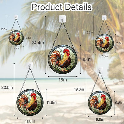 Stained Glass Window Hanging - Rooster Suncatcher for Doors Garden Patio Retro Colored Chicken Sun Catchers Decor Christmas Mother's Day Birthday Gifts for Women Men Mom Nana Friend 6.3 in
