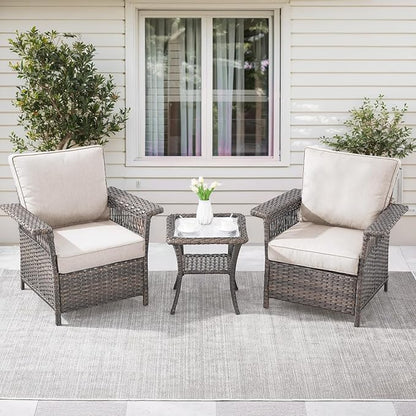 Wicker Outdoor Chairs Set - 3 Pieces Hollow Widen Armrests Patio Furniture Set with Side Table, Comfortable High Back Rattan Chairs for Balcony Porch Deck and Yard - Brown/Beige