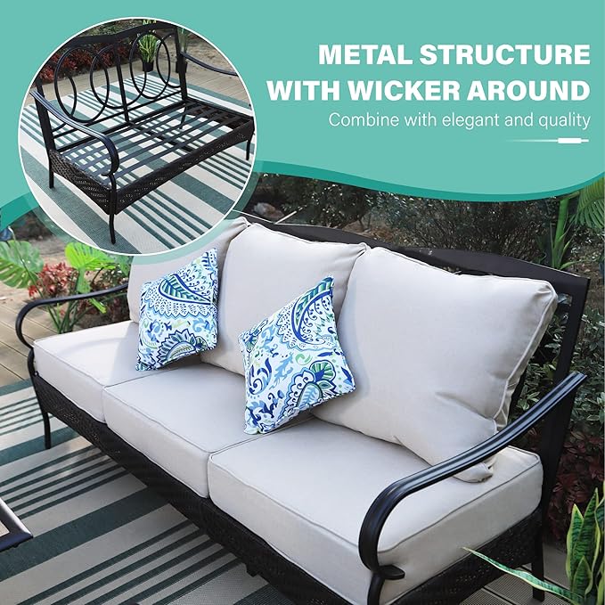 MFSTUDIO Outdoor Patio Furniture Set, 7 PCS Metal Patio Conversation Sets for 9, Patio Sectional Set with High Back 3-Seat Sofa, Loveseat, 2 Fixed Sofa Chairs, 2 Ottoman, 1 Coffee Table