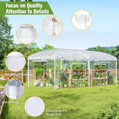 AMERLIFE 19.2×10×8.5 FT Pop-up Greenhouses for Outdoors Indoor with Adjustable Durable Frame, Portable Walk in Greenhouse with 2 Roll-up Zipper Doors, Windows and PE Cover, White