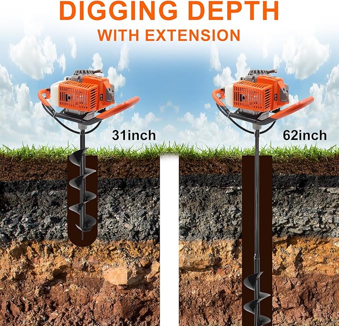 72CC Newly Upgraded Post Hole Digger Gas Powered, 2 Stroke Auger Post Hole Digger with 2 Drill Bits (6" & 8") + 1 Extension Rod for Planting - Ideal for Farm & Garden - Orange (72 CC)