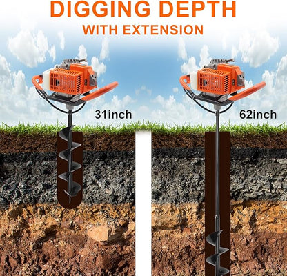72CC Newly Upgraded Post Hole Digger Gas Powered, 2 Stroke Auger Post Hole Digger with 2 Drill Bits (6" & 8") + 1 Extension Rod for Planting - Ideal for Farm & Garden - Orange (72 CC)