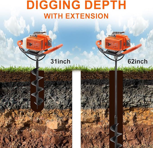 72CC Newly Upgraded Post Hole Digger Gas Powered, 2 Stroke Auger Post Hole Digger with 2 Drill Bits (6" & 8") + 1 Extension Rod for Planting - Ideal for Farm & Garden - Orange (72 CC)