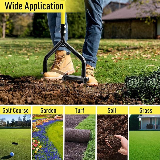 JARDINEER Manual Push Lawn Aerator Coring Tool, Plug Aerators with 3 Hollow Tine, 5-Inch Deep Yard Aeration Tool, Soil Core Aerators with Wider Handle