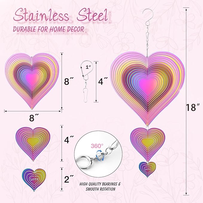 Wind Spinners Outdoor, 3D Heart, Gradient Rainbow Color, 14 inches Stainless Steel Metal, Hanging Wind Spinners, Garden, Yard Décor, Outside, Gifts for Women Mom Wife