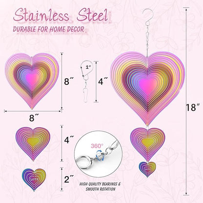 Wind Spinners Outdoor, 3D Heart, Gradient Rainbow Color, 14 inches Stainless Steel Metal, Hanging Wind Spinners, Garden, Yard Décor, Outside, Gifts for Women Mom Wife