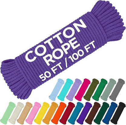TECEUM Cotton Rope 3/16” (5 mm) – 50 FT – Strong All-Purpose Braided Rope – Natural Cotton – for Crafting, Сamping, Clothes Line, DIY, Indoor & Outdoor Use – Purple