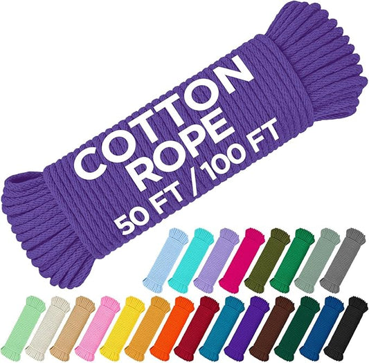 TECEUM Cotton Rope 3/16” (5 mm) – 50 FT – Strong All-Purpose Braided Rope – Natural Cotton – for Crafting, Сamping, Clothes Line, DIY, Indoor & Outdoor Use – Purple