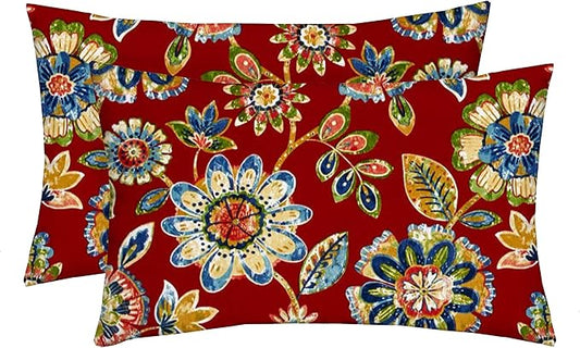 RSH DECOR: Lumbar Throw Pillows Set of 2 | 20” x 12" | All-Weather Spun Fabric | Water and Fade-Resistant | Outdoor Support Pillows for Patio Furniture | Daelyn Cherry