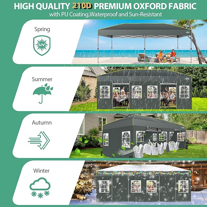 COBIZI 10x20 Pop Up Canopy with 6 Sidewalls One Push Setup Outdoor Event Shelter Waterproof UPF 50+ Gazebo Tent with Carry Bag,Air Vent,Sandbag for Commercial, Wedding, Party,Grey