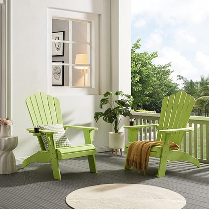 Psilvam Adirondack Chair, Oversized Poly Lumber Fire Pit Chair with Cup Holder, 350Lbs Support Patio Chairs for Garden, Weather Resistant Adirondack Chair Looks Like Real Wood (4, Green)