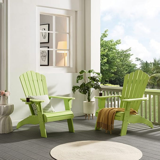 Psilvam Adirondack Chair, Oversized Poly Lumber Fire Pit Chair with Cup Holder, 350Lbs Support Patio Chairs for Garden, Weather Resistant Adirondack Chair Looks Like Real Wood (2, Green)