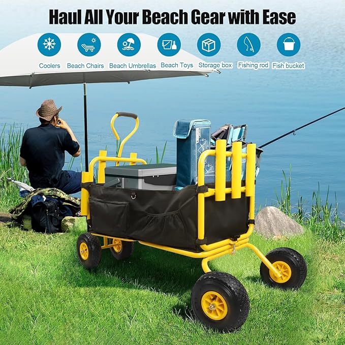 Fishing Cart,Beach Wagon Trolley Cart with 11'' All-Terrain Wheels for Sand,Heavy Duty Garden Cart with Rod Holders,Umbrella Holder and Durable Collapsible Wagon