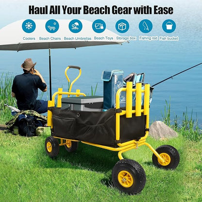 Fishing Cart,Beach Wagon Trolley Cart with 11'' All-Terrain Wheels for Sand,Heavy Duty Garden Cart with Rod Holders,Umbrella Holder and Durable Collapsible Wagon
