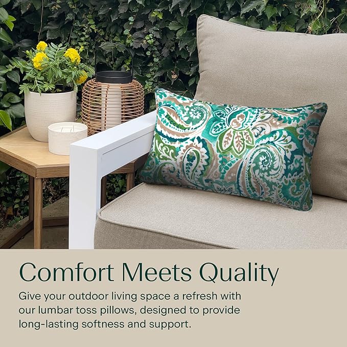 Honeycomb Outdoor Lumbar Pillow 2-Pack, 22 x 12, Geneva Paisley Turquoise Throw Pillows for Patio Furniture