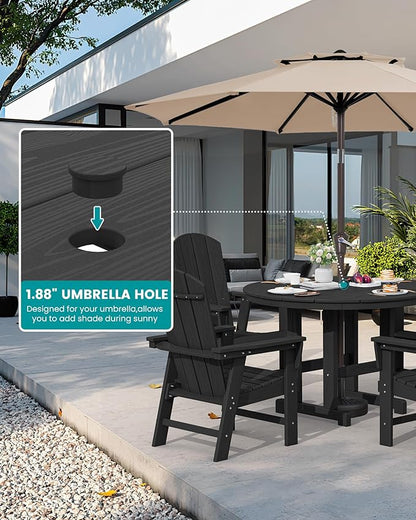 SERWALL 5 Piece Outdoor Dining Set, HDPE Dining Furniture Set with Umbrella Hole, 4 Adirondack Dining Chairs and 45" Round Dining Table, Black