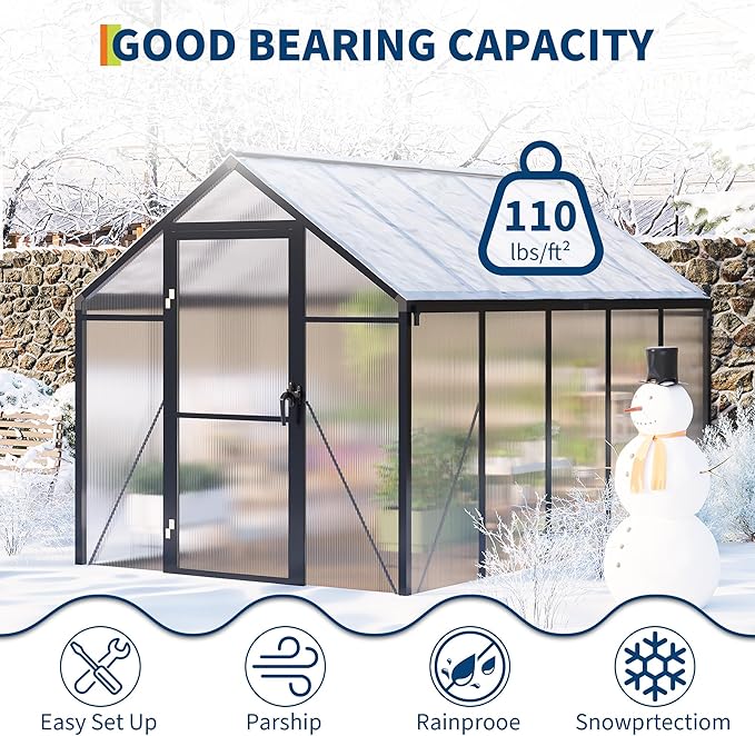6x10 FT Greenhouse, Easy Assembly Aluminum Polycarbonate Greenhouses for Outdoors with Roof Vent and Ground Nails, Heavy Duty Aluminum Walk-in Greenhouse for Backyard, Sliding Lockable Door, Black