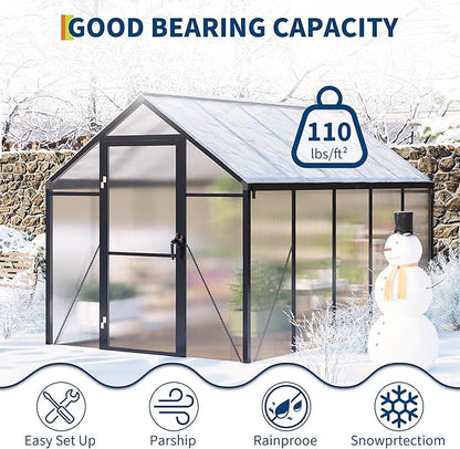 6x10 FT Greenhouse, Easy Assembly Aluminum Polycarbonate Greenhouses for Outdoors with Roof Vent and Ground Nails, Heavy Duty Aluminum Walk-in Greenhouse for Backyard, Sliding Lockable Door, Black