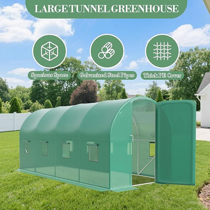 15X7x7 Ft Walk-in Tunnel Greenhouse for Outdoor Gardening - Heavy Duty Galvanized Steel Hoop House with Green PE Cover, A Swing Door & 8 Vent Windows, Garden Plant Protection for Winter Use