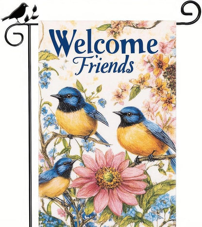 Garden Flag Hello Spring Yard Flag Garden Decoration 12x18 Inch Double Sided Welcome Friends Bluebirds Floral Design Outdoor Yard Banner for Spring and Summer Decoration