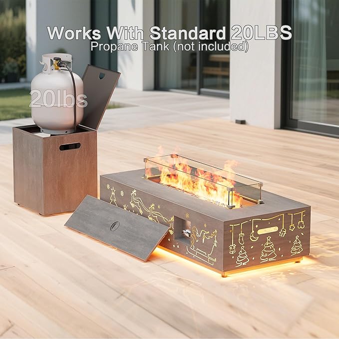 42" Outdoor Fire Pit Table, 50,000 BTU Gas Fire Pit with Glass Wind Guard, Fire Stones, Waterproof Cover, Propane Fire Pit Table for Outside Patio Hollow-Out (Elk, Brown)