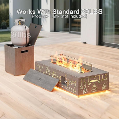 42" Outdoor Fire Pit Table, 50,000 BTU Gas Fire Pit with Glass Wind Guard, Fire Stones, Waterproof Cover, Propane Fire Pit Table for Outside Patio Hollow-Out (Elk, Brown)