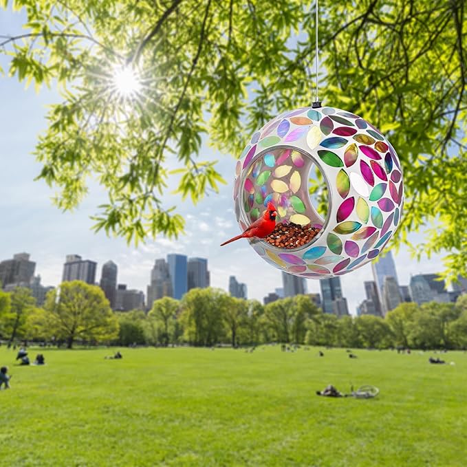 Yinns Bird Feeder - Mosaic Glass Birds Feeder Outside Hanging, Fly Through Bird Feeder with Oval Stained Glass, Outdoor Garden Decor, 6.5 inch Colorful