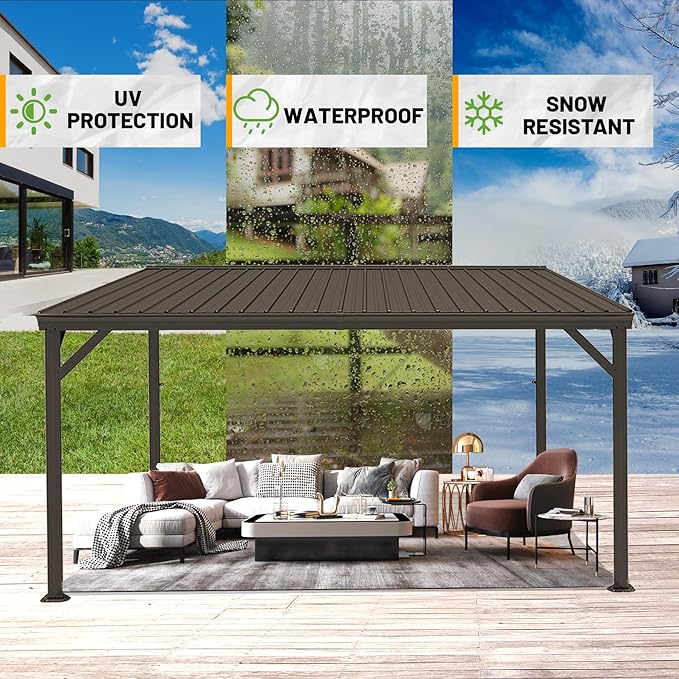 8x10FT Lean to Gazebo, Outdoor Metal Hardtop Wall Mounted Gazebo with Gutter & Sloping Galvanized Steel Roof, Hard Top Awnings/Shelter for Deck, Porch, Backyard- Brown