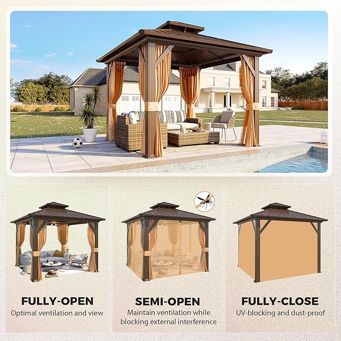YOLENY 10' x 10' Gazebo Hardtop with Aluminum Frame,Galvanized Steel Double Roof Gazebos with Curtain and Netting,Outdoor Metal Pergolas for Garden, Lawn, Deck, Brown