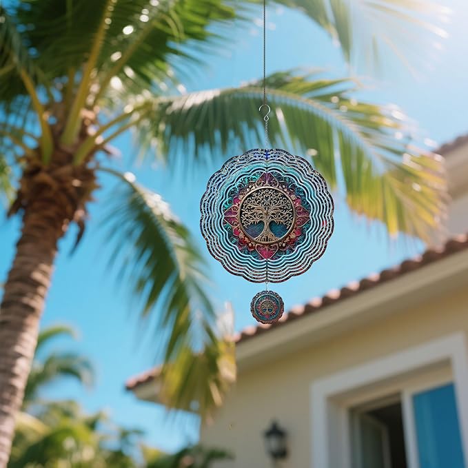 Wind Spinners Outdoor, Retro Boho Tree of Life 3D Stainless Steel Wind Sculpture Spinner for Garden Outside Hanging Decor Mother's Day Christmas Birthday Gifts for Women Men Mom Nana 9.8 in
